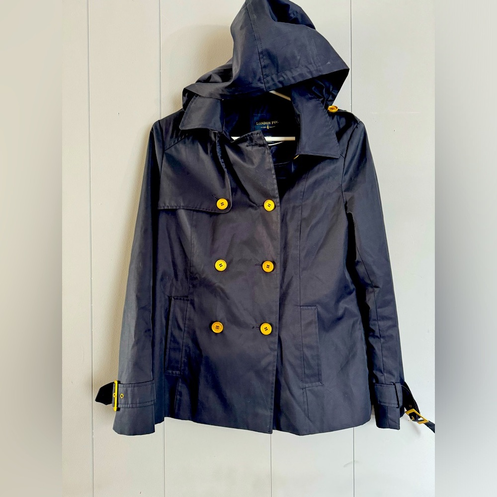 London Fog Navy Peacoat with gold buttons & removable hood. Worn once, mint sz M